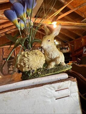 Vintage Yellow resin Bunny Planter with Floral Detail